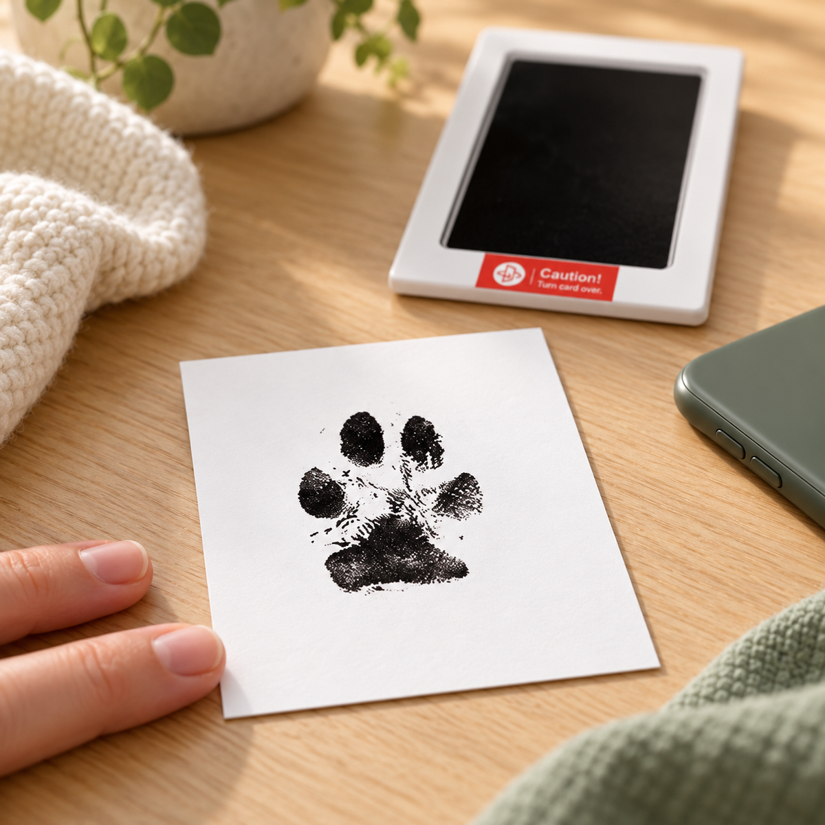 Illustrated preservation example showing a paw-print card, the matching labeled transfer pad and an incidental personal phone; not an actual customer result.