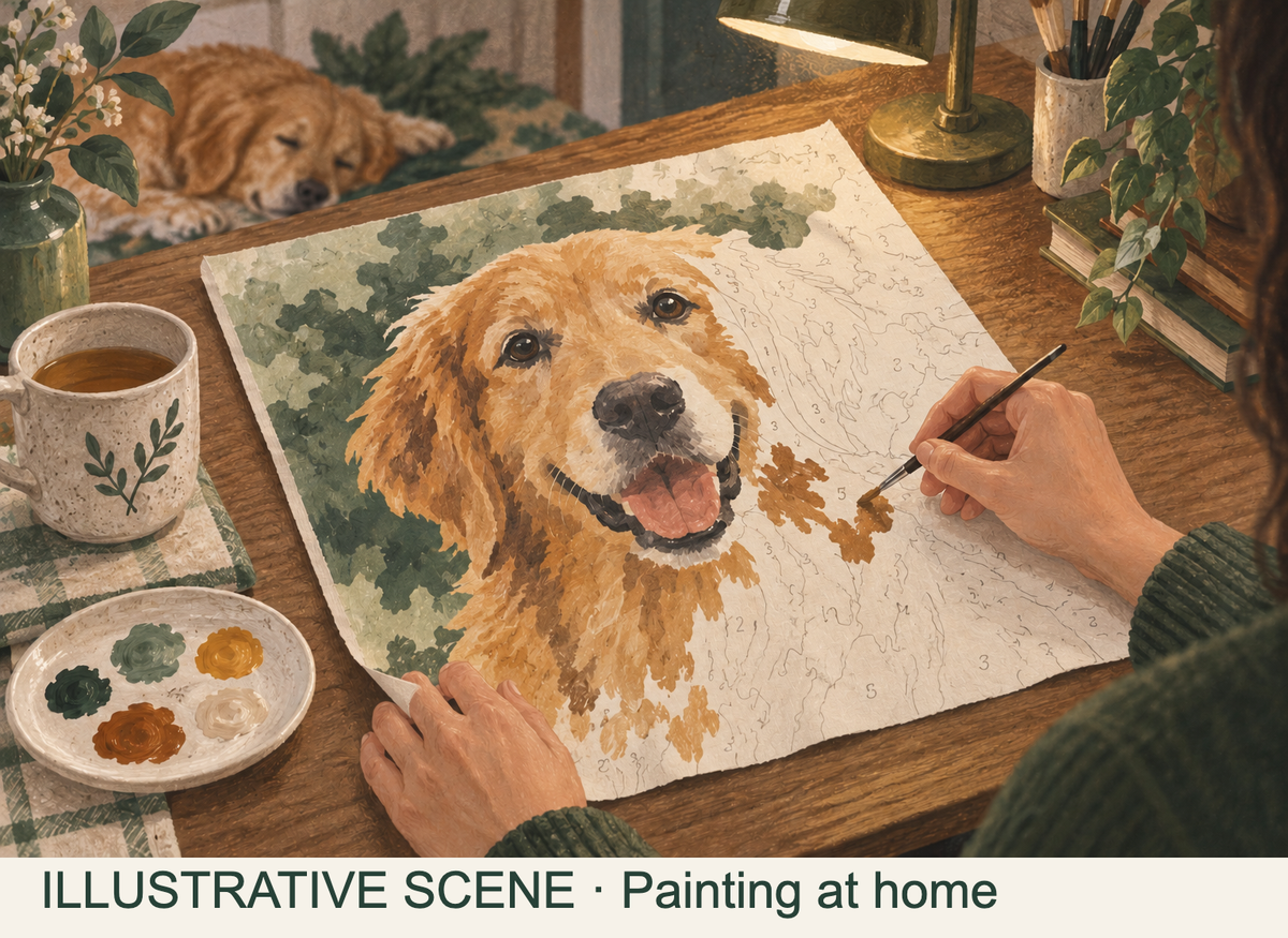 Illustration of hands painting a partially completed dog portrait on a loose unframed canvas at a warm evening desk.