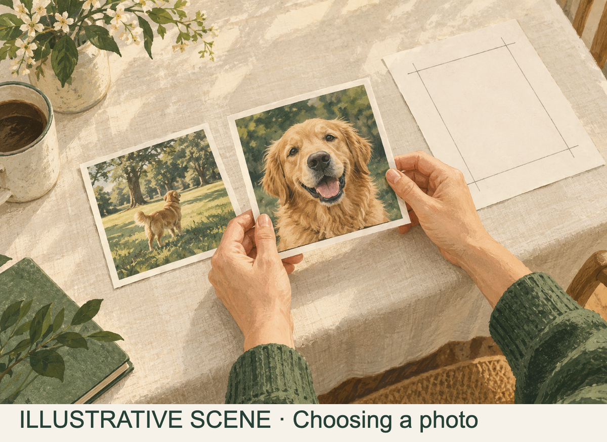 Illustration of hands selecting a clear close-up dog photo beside a distant snapshot in morning light.