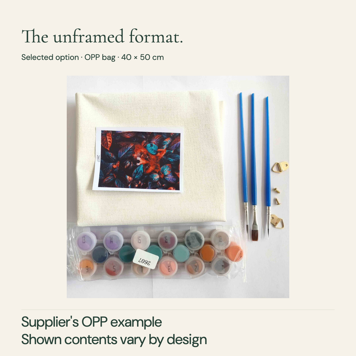 Supplier OPP variant image showing a canvas surface, a reference card, numbered paint containers, brushes and small fittings.