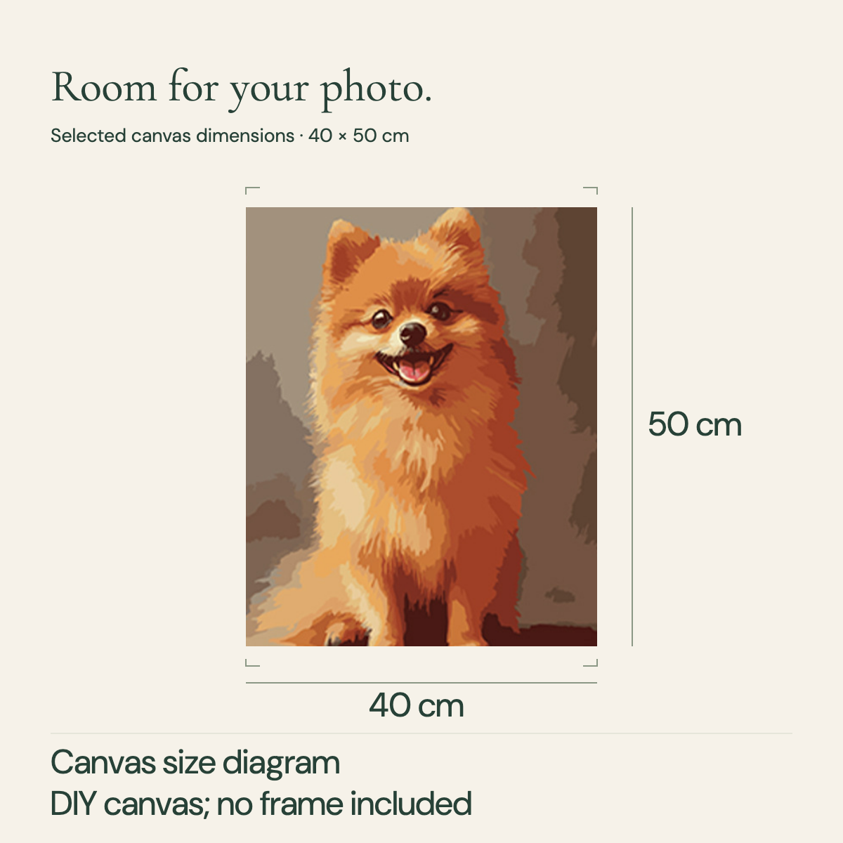 Diagram indicating a 40 cm by 50 cm unframed canvas, with a supplier dog artwork crop and no frame or mat.