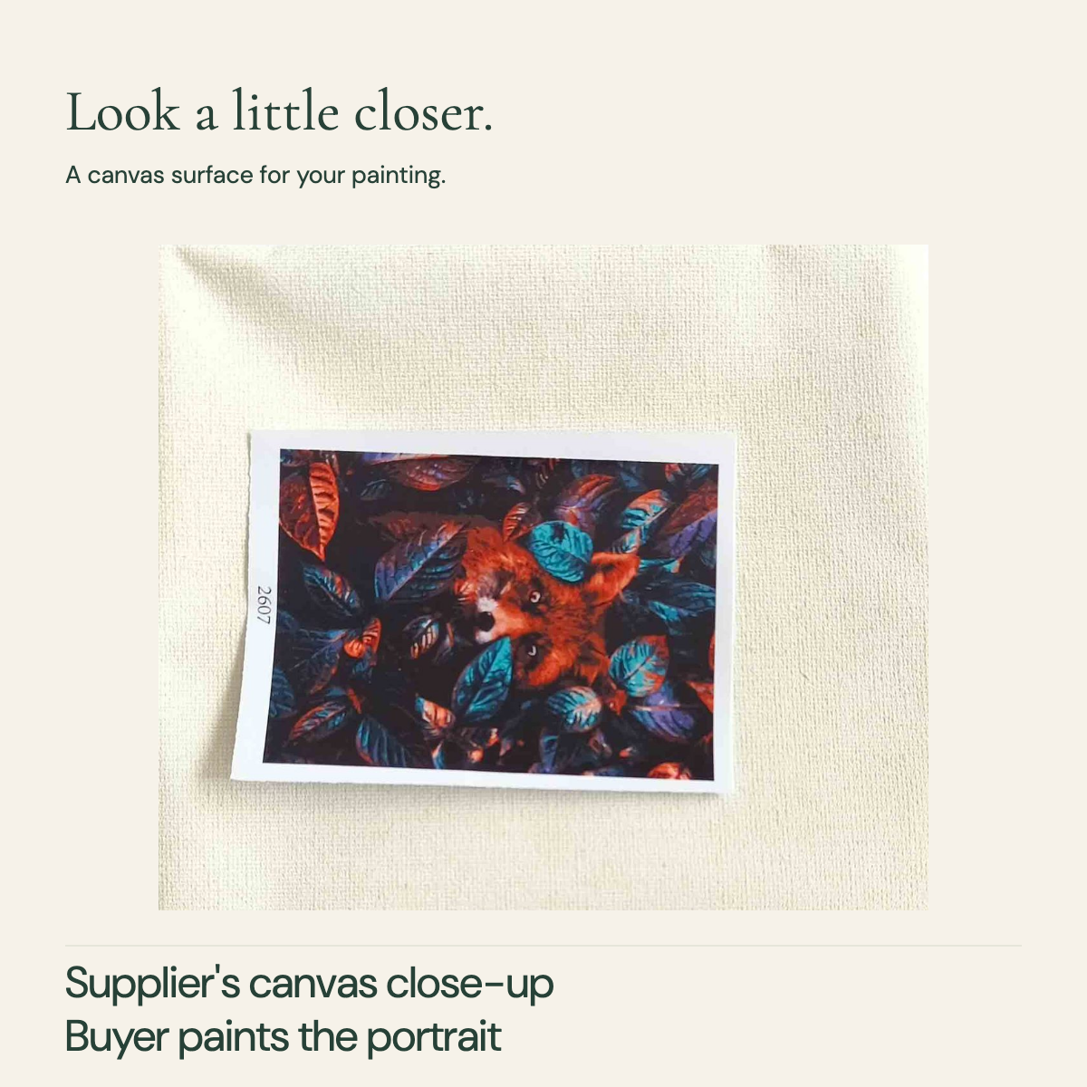 Close view of the canvas weave and reference card in the supplier OPP image.