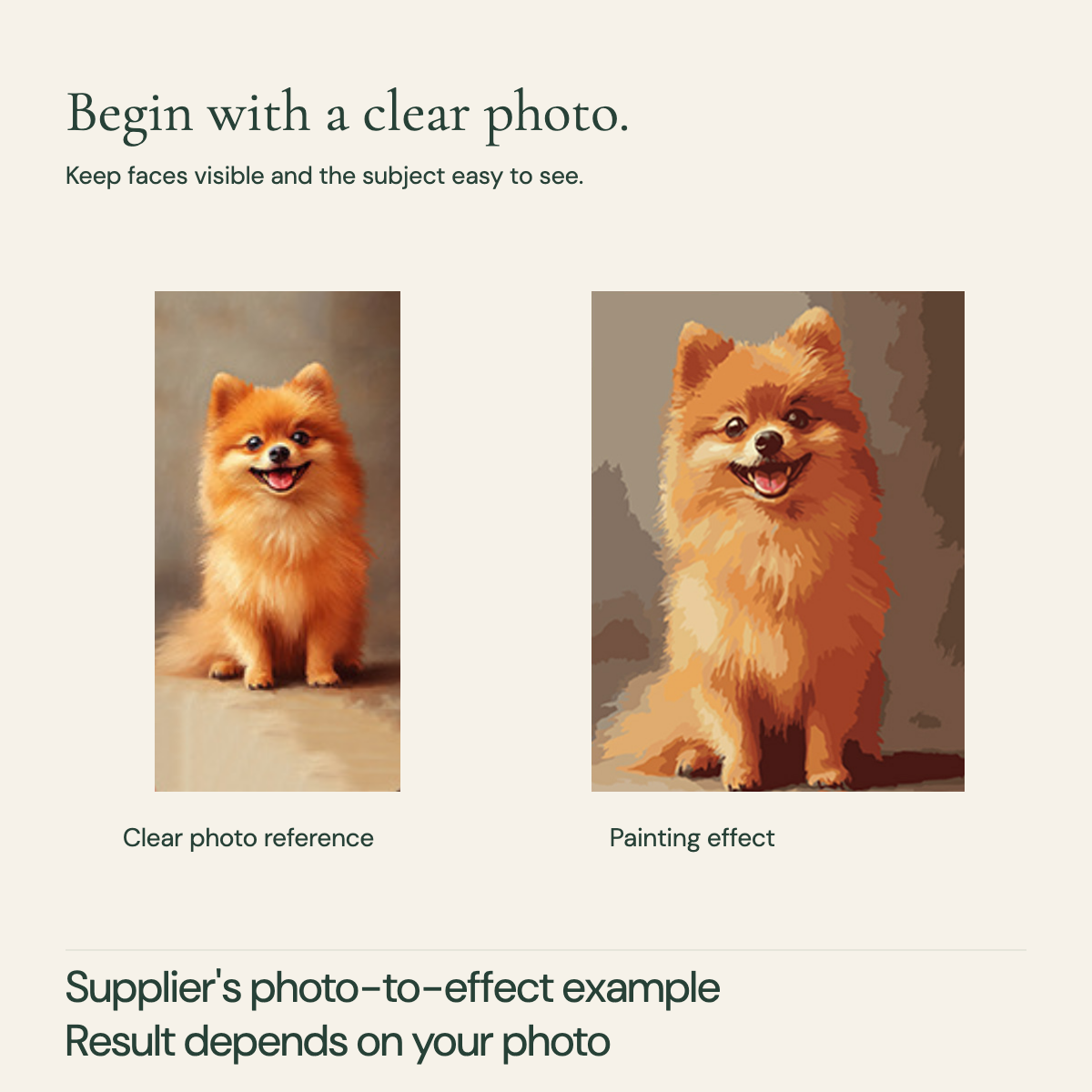 Supplier example comparing a clear cropped dog photo with its simplified painting effect.