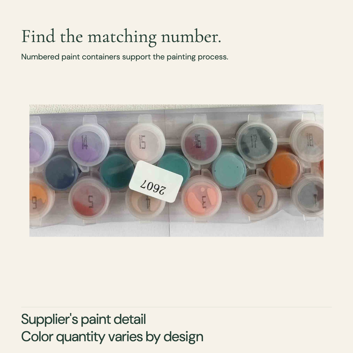 Supplier OPP image detail showing numbered paint pots; no fixed color count is promised.