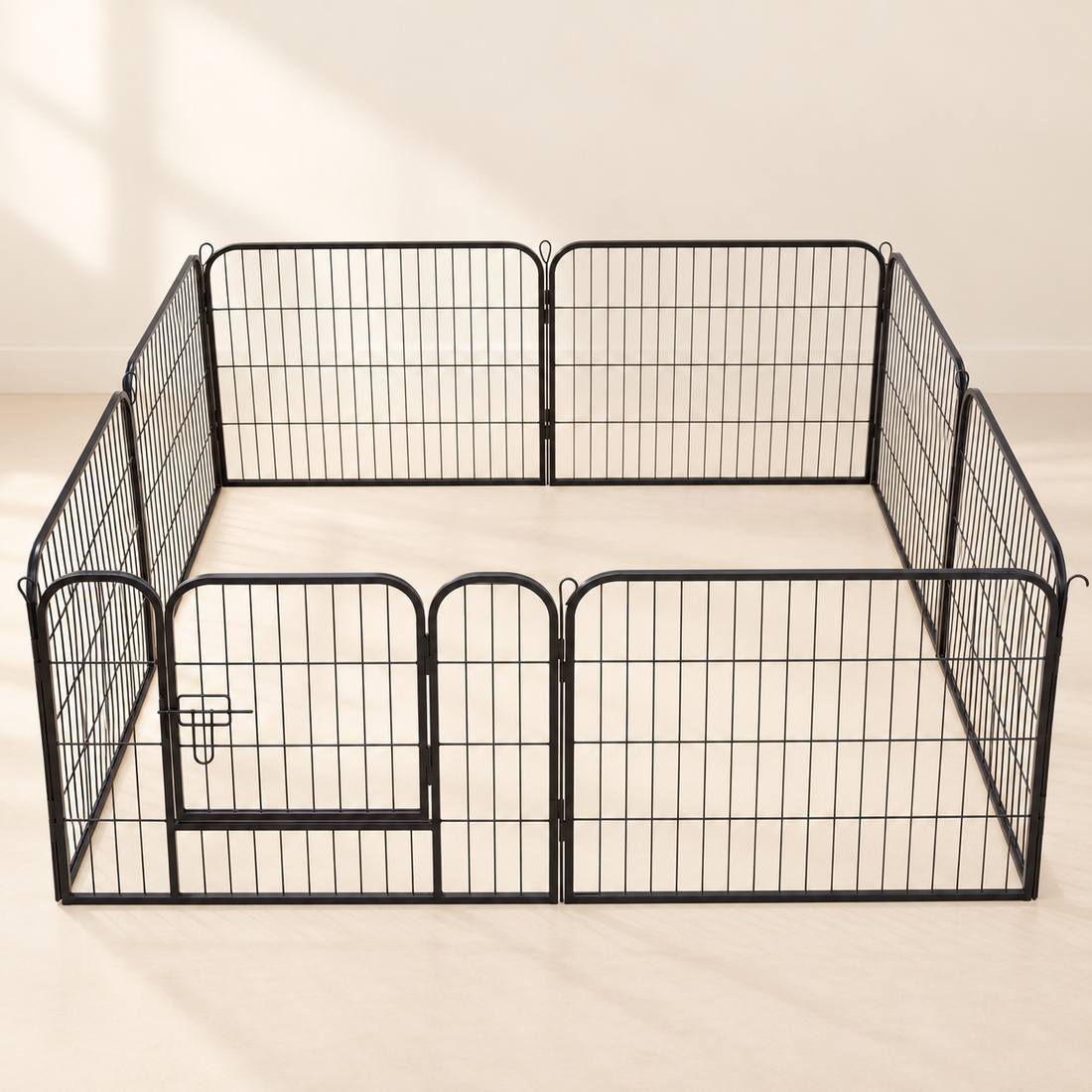 Complete eight-panel black wire pen with one gate panel and seven plain panels; source-informed adaptation.