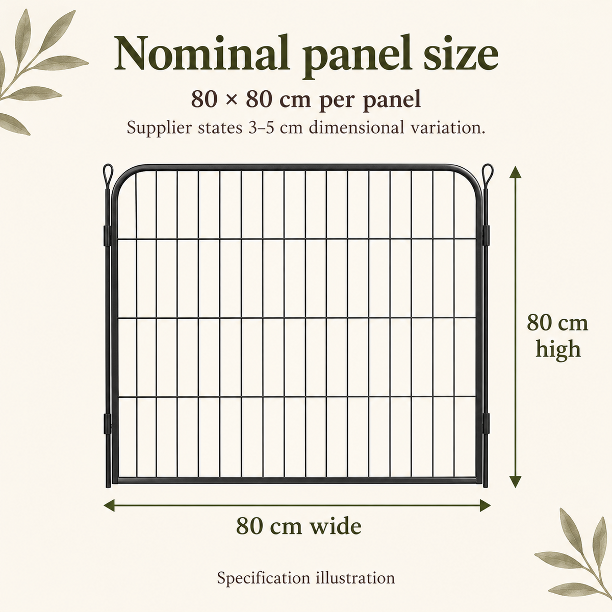 Specification illustration: nominal panel 80 cm wide by 80 cm high, supplier-stated 3–5 cm variation.