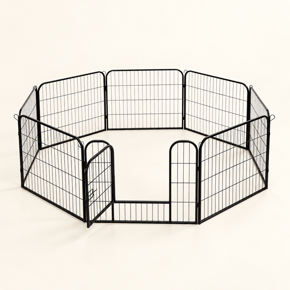 Eight-panel pen with the central gate open and fixed bottom threshold visible; source-informed adaptation.