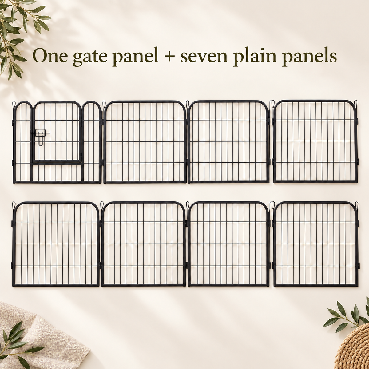 Illustrated dismantled panel arrangement: one gate panel and seven plain panels; no packed dimensions implied.