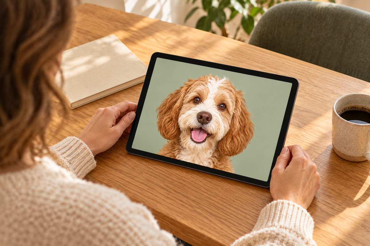 Adult selecting a clear Milo pet-face reference on a tablet at a quiet table; tablet and other props are not included.
