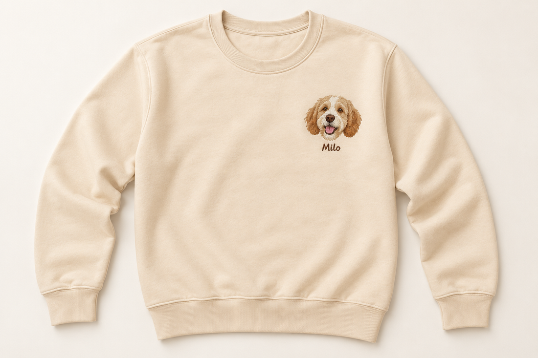 Apricot adult long-sleeve crewneck with a colored Milo pet head and optional name on the left chest.