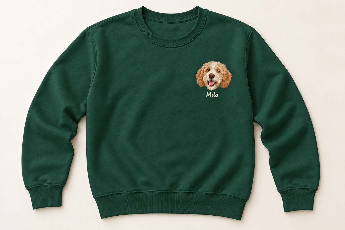 Dark-green adult crewneck with the same Milo colored pet-head design and name.