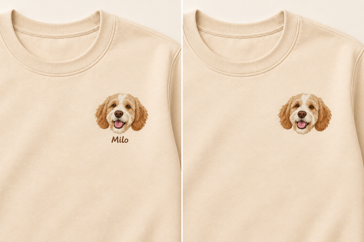 Side-by-side chest-design options: Milo with a name on the left and without a name on the right.