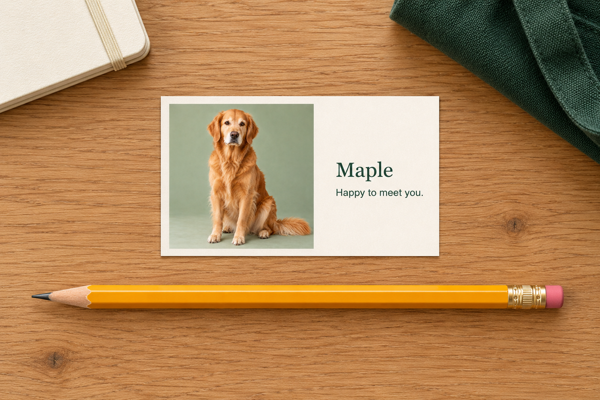 AI illustrative preparation scene with fictional Maple card on an oak desk beside a complete pencil, notebook and fabric props; not customer photography or a measured sample.