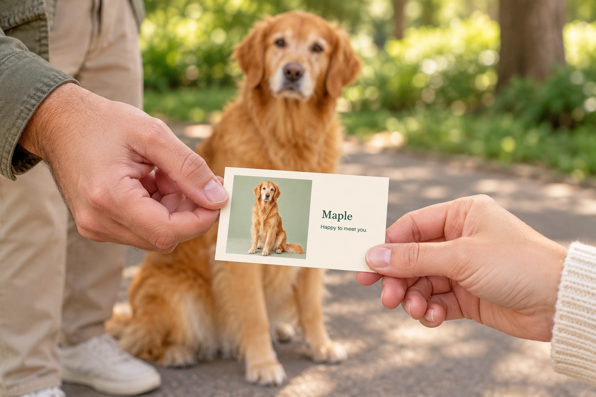 AI illustrative two adults passing one fictional Maple card outdoors, with the fictional golden retriever in the background.