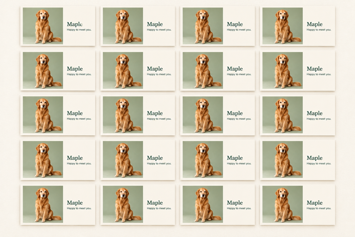 AI rendered quantity illustration of twenty identical fictional Maple cards in four columns and five rows.