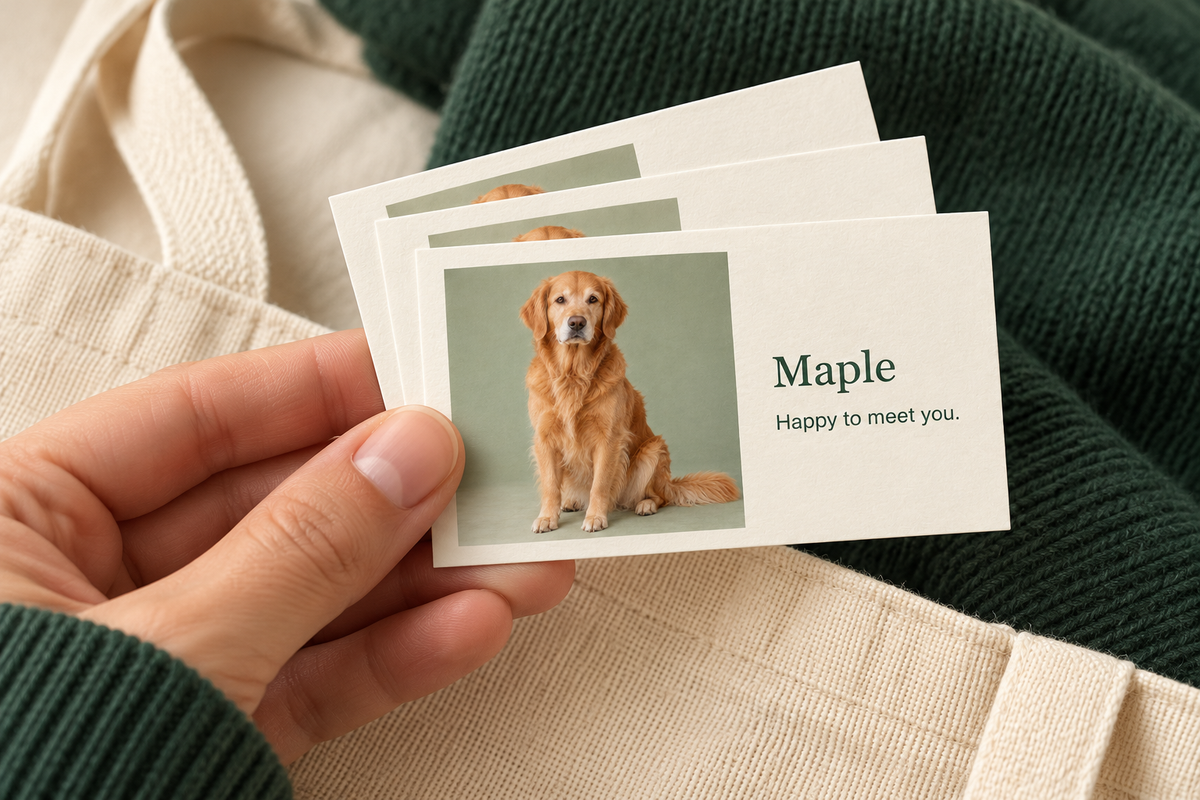 AI illustrative adult hand carrying three fictional Maple paper cards beside fabric props; props are not included.