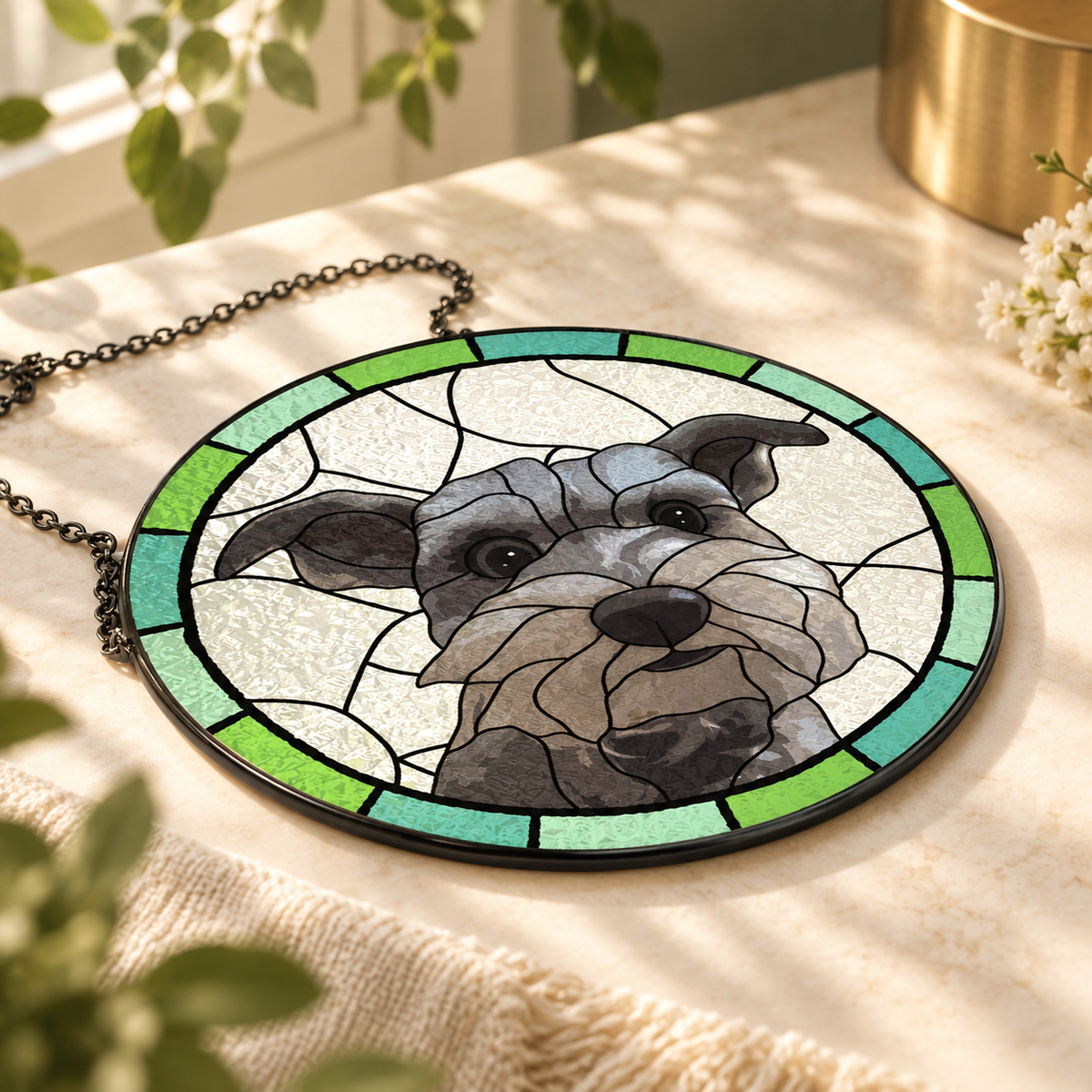 BoxToHeart editorial illustration of a circular pet portrait suncatcher with a slim dark rim and hanging chain in warm window light.