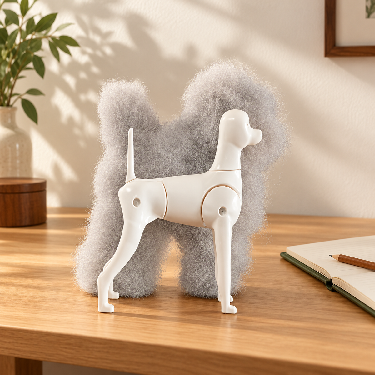 Scene: a grey practice coat behind its separate plain white frame on a warm study desk beside a notebook.