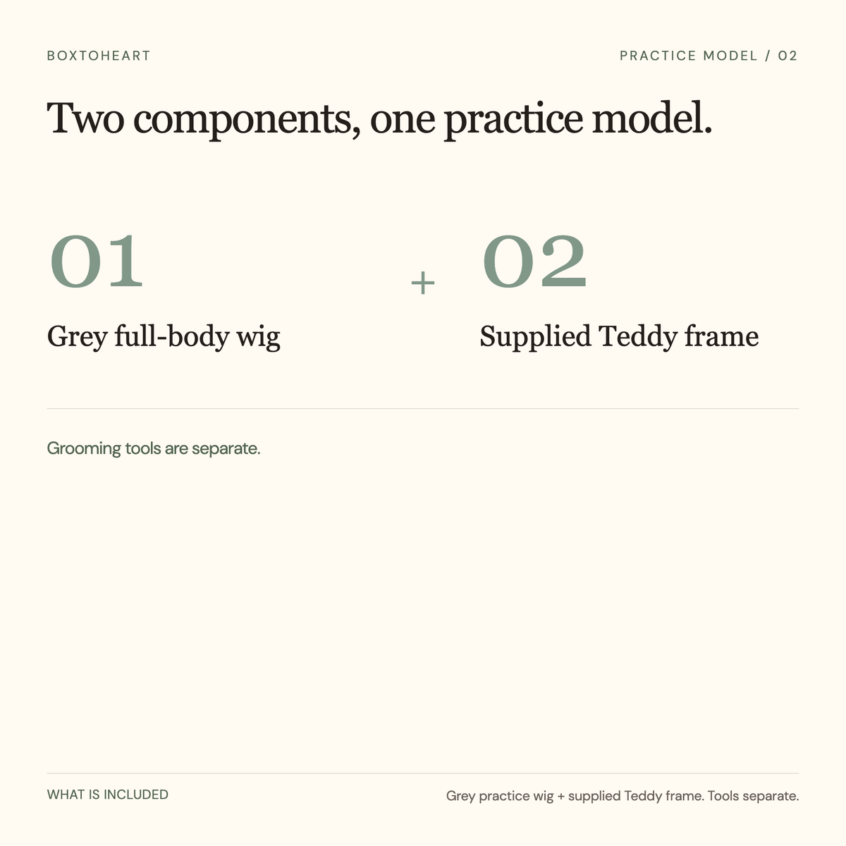 Included component diagram: one grey full-body practice wig plus one supplied Teddy frame; grooming tools separate.