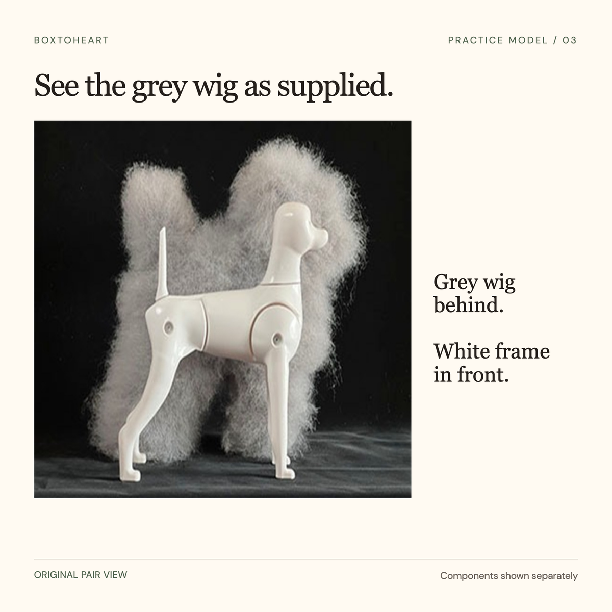 Showing the original grey shaggy wig behind the separate white frame; no assembled result shown.