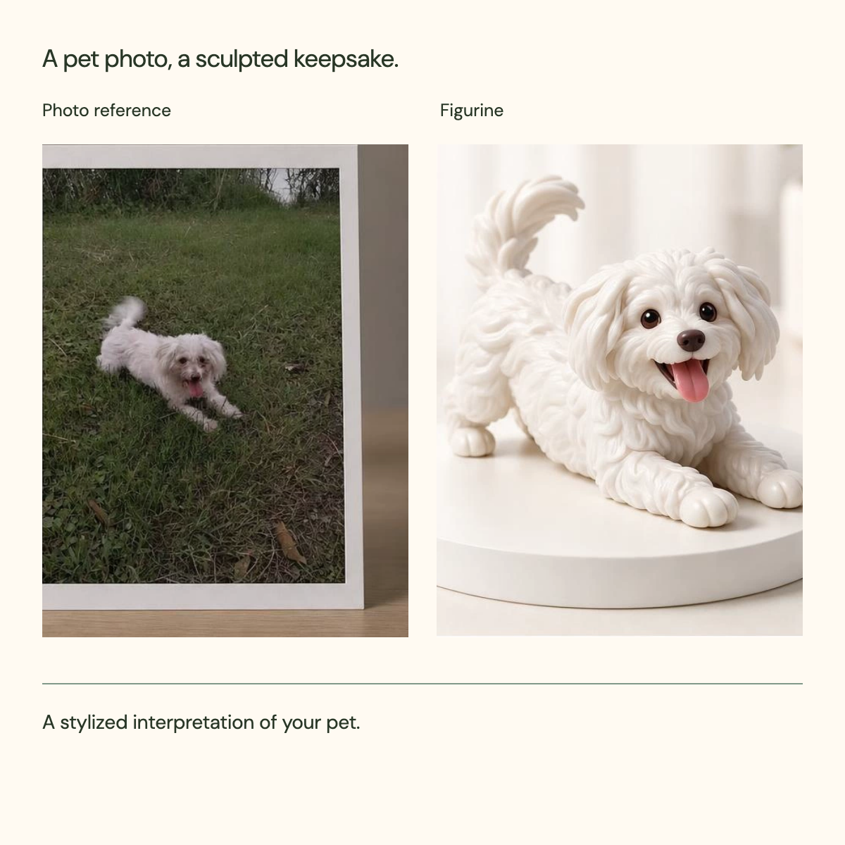 A reference photo beside a stylized resin figurine; custom results vary.