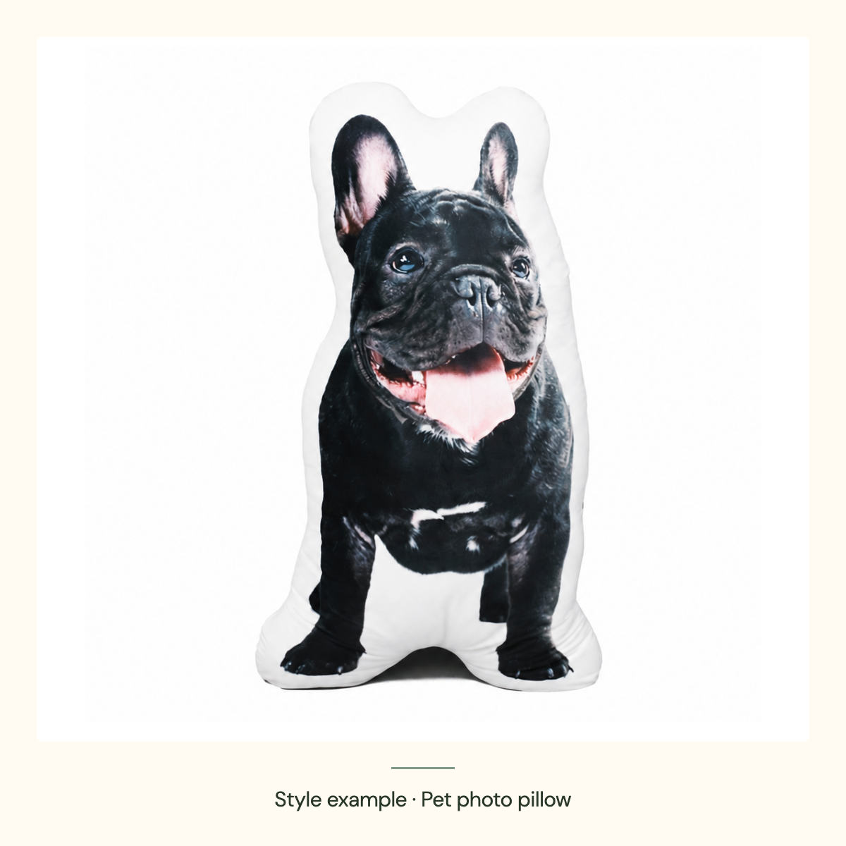 Style example of a shaped pet photo pillow showing one French bulldog.