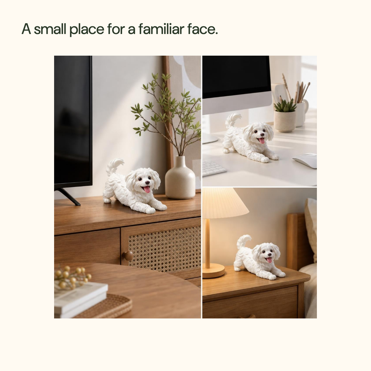 Display context from the listing showing the stylized dog figurine on a cabinet, desk and bedside table; example settings only.