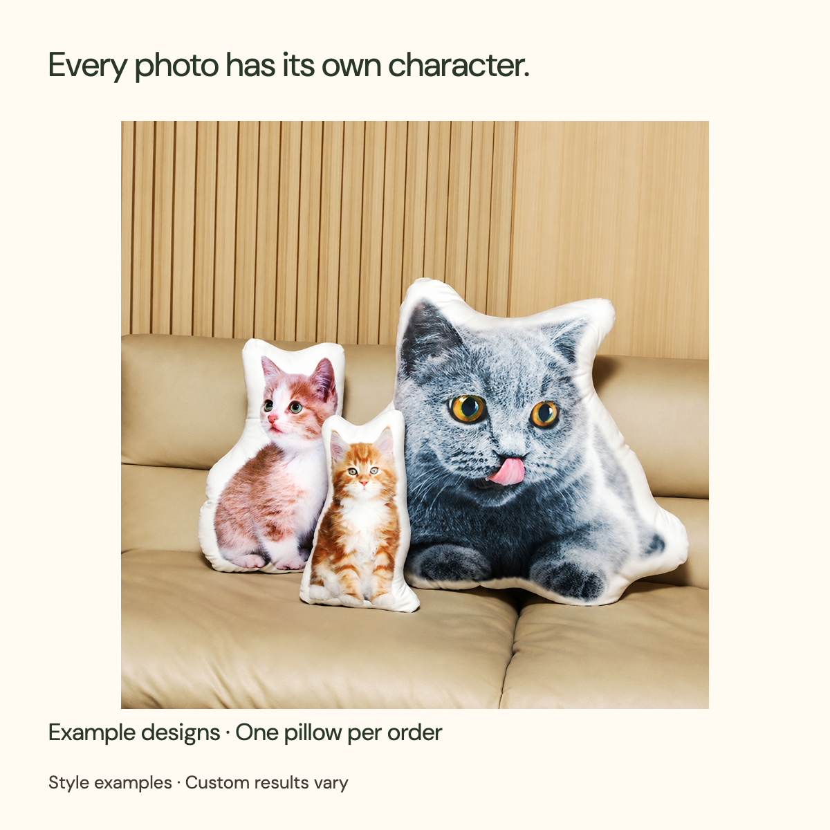Cat-shaped photo pillow examples on a sofa; different designs are shown and each order contains one pillow.