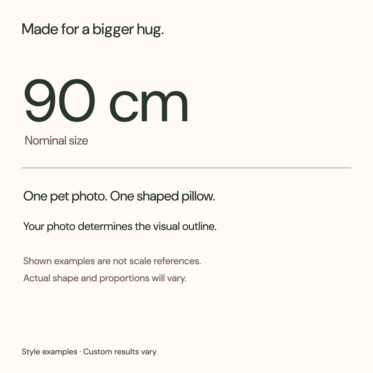 90 cm nominal size for one shaped photo pillow; examples are not scale references and proportions vary.