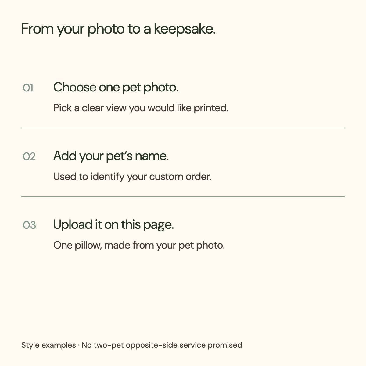 Order preparation: select one clear pet photo, enter the pet name and upload it for one custom pillow.
