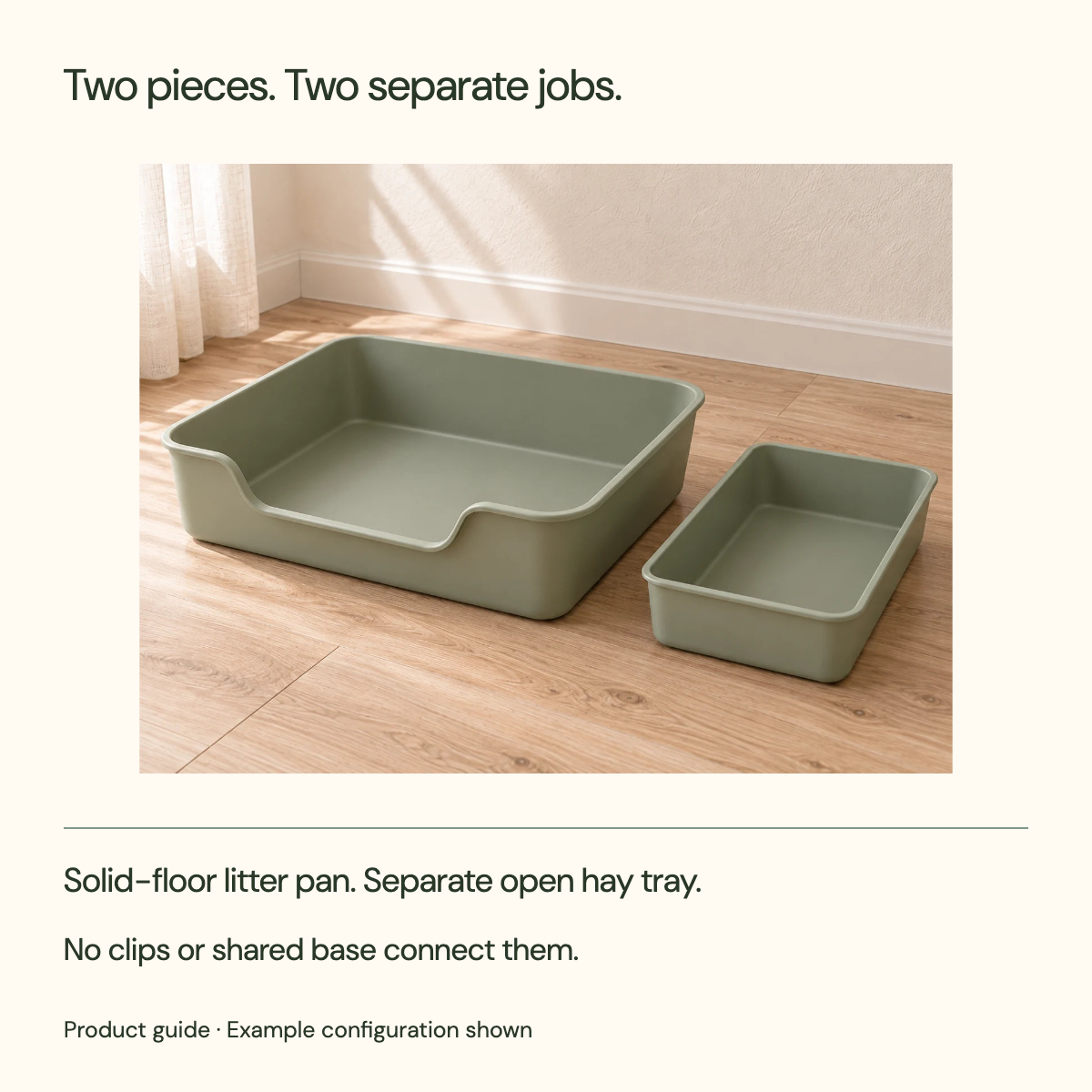 Two pieces. Two separate jobs. Solid-floor litter pan. Separate open hay tray. No clips or shared base connect them.