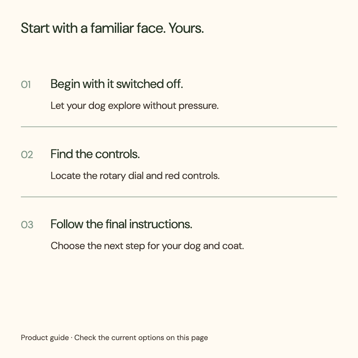 Dog dryer introduction guidance: switched-off familiarity, controls and final operating instructions.