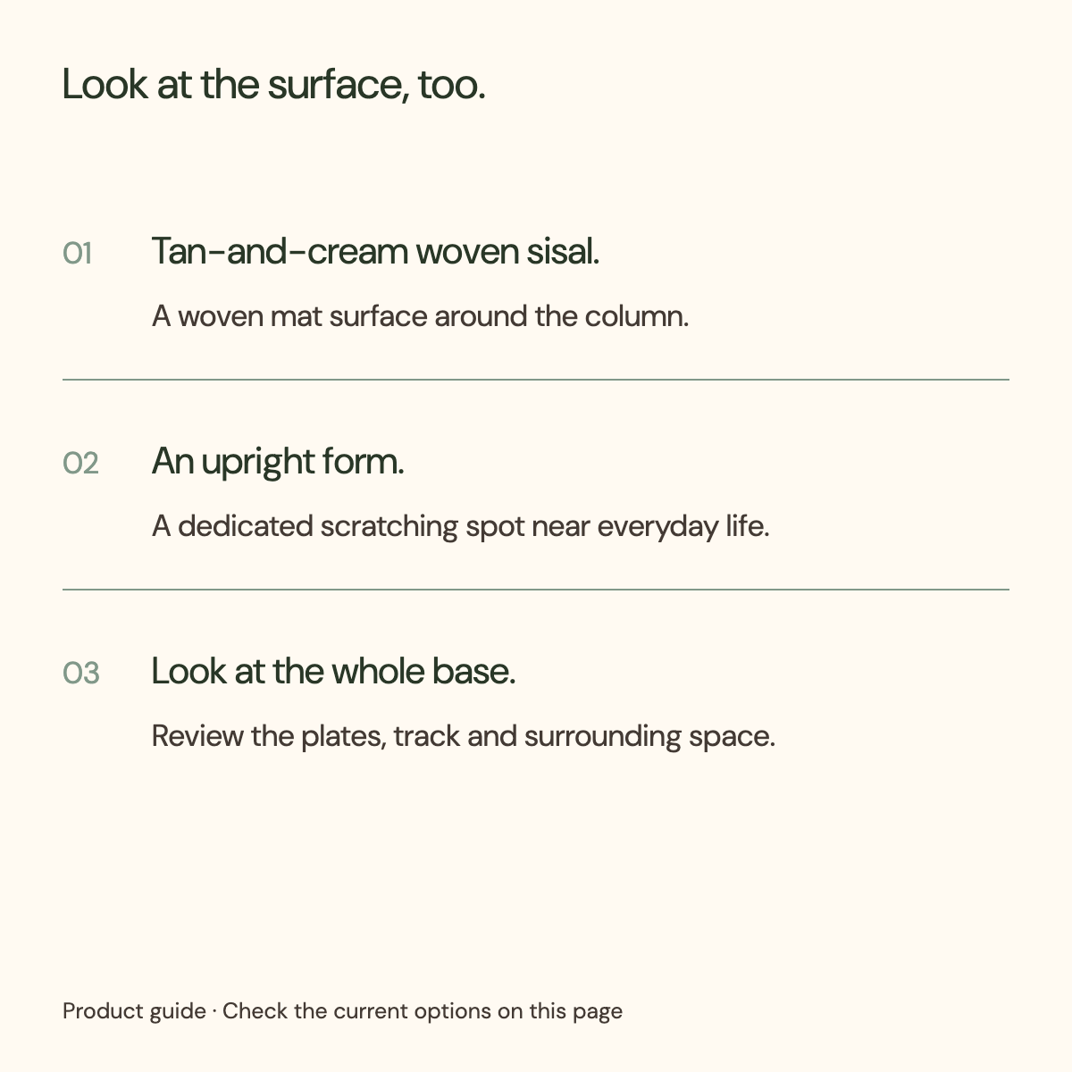 Scratching post guide identifying woven sisal surface, upright form and base design.