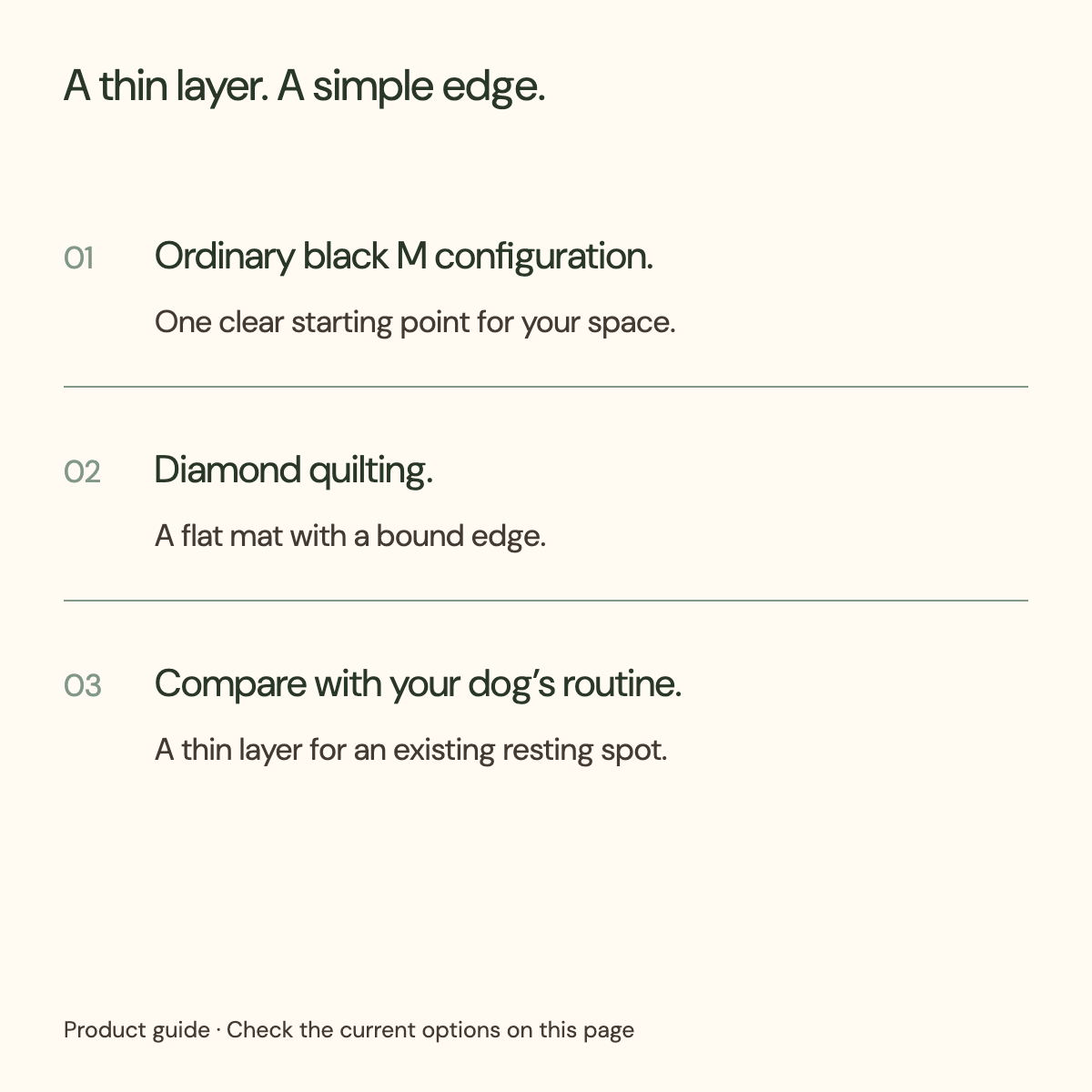 Black M crate mat construction guide: diamond quilting, thin flat profile and standard bound edge.