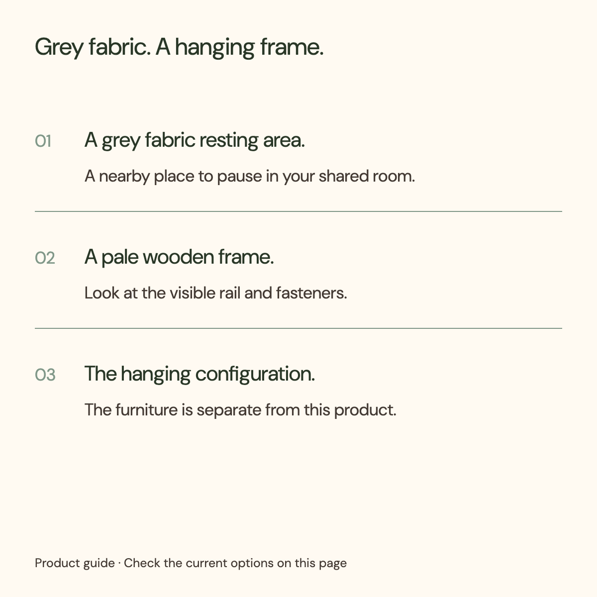 Grey hook-on hammock configuration guide: fabric bed, wooden frame and separate supporting furniture.