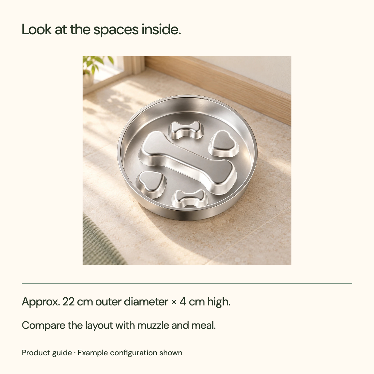 Look at the spaces inside. Approx. 22 cm outer diameter × 4 cm high. Compare the layout with muzzle and meal.