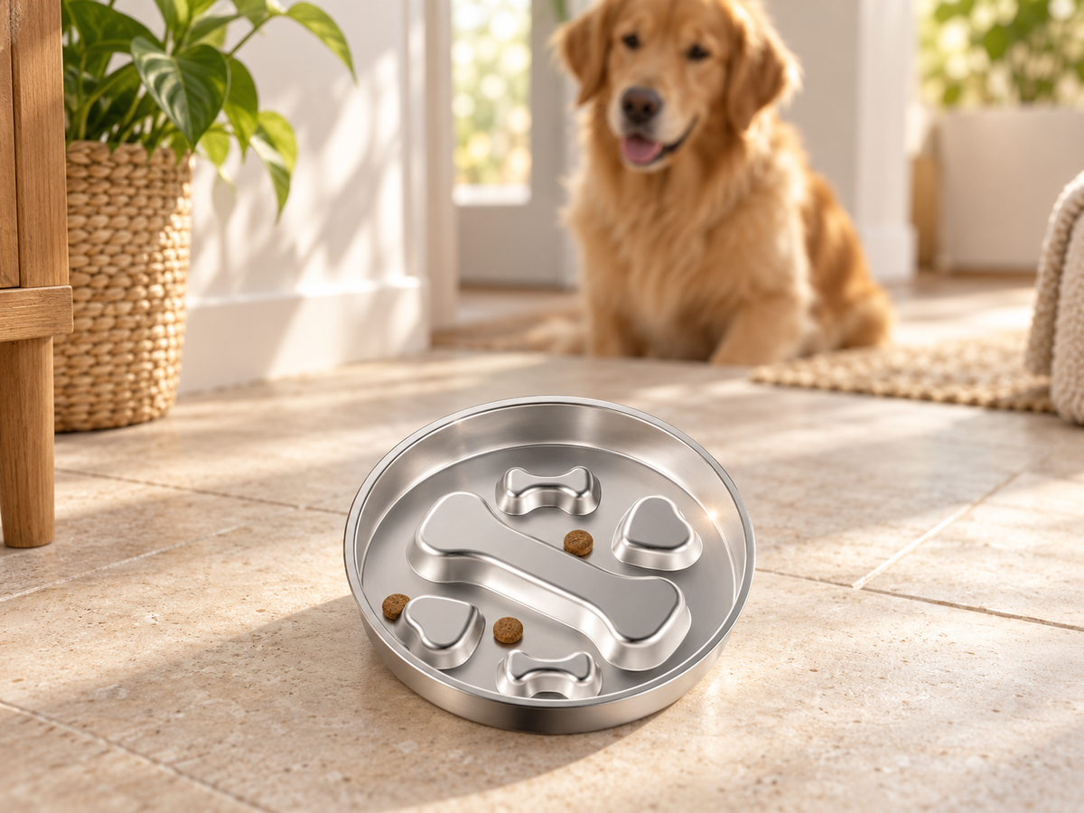 Coin repas avec bol argenté à cinq formes et chien à proximité.
