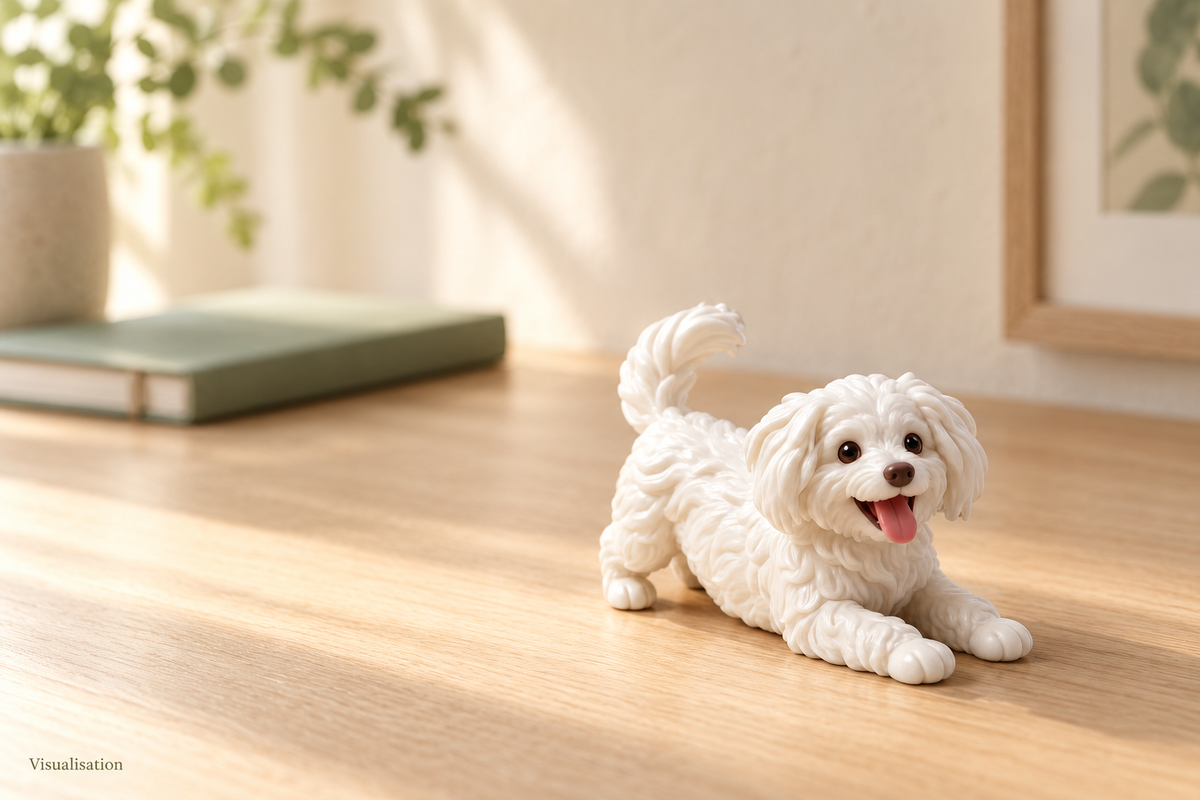 New home-desk setting for the white stylized resin dog figurine.