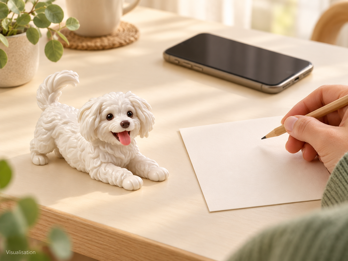 Personal preparation scene with the stylized white pet figurine, a blank note and an unreadable phone.