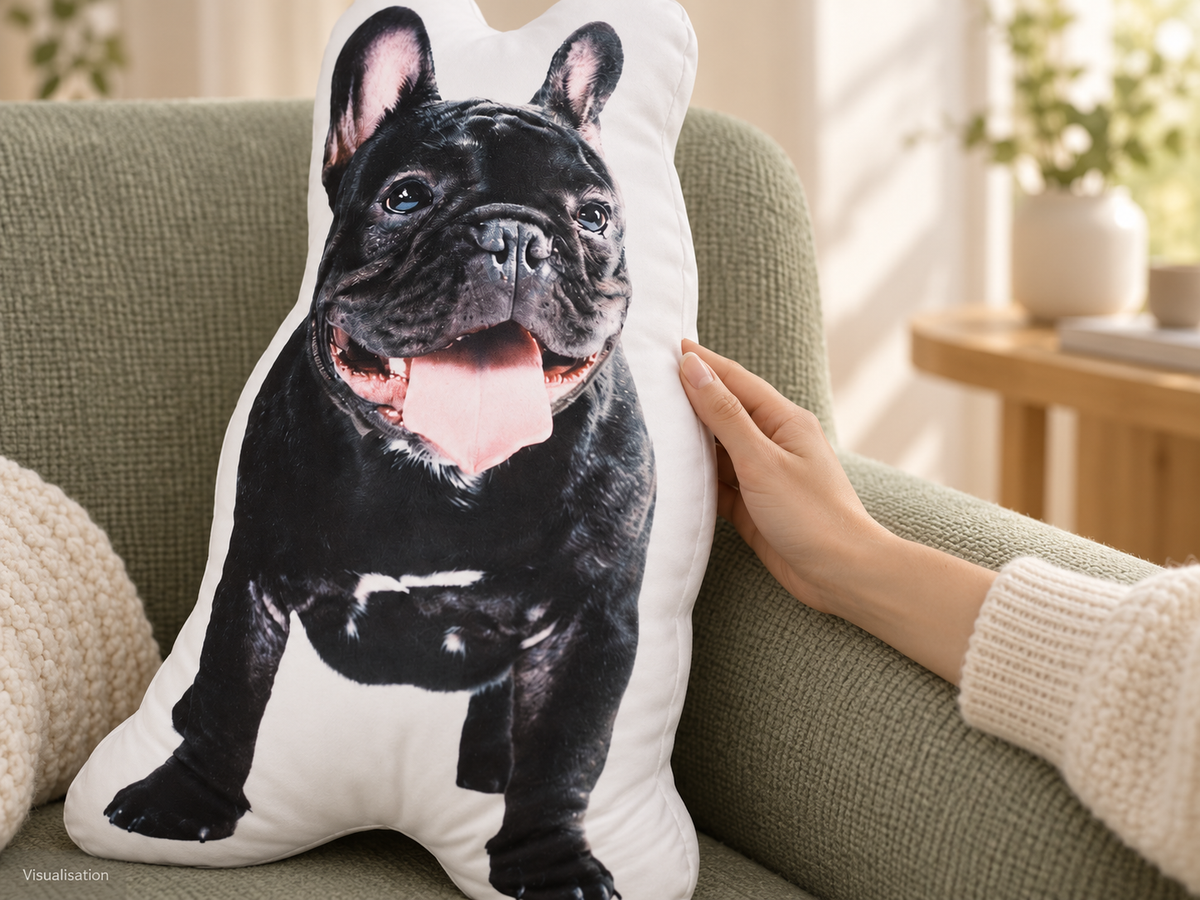 Illustrated setting: close armchair setting showing the photo print and shaped white edge of one pet pillow; a hand rests on the unprinted edge.