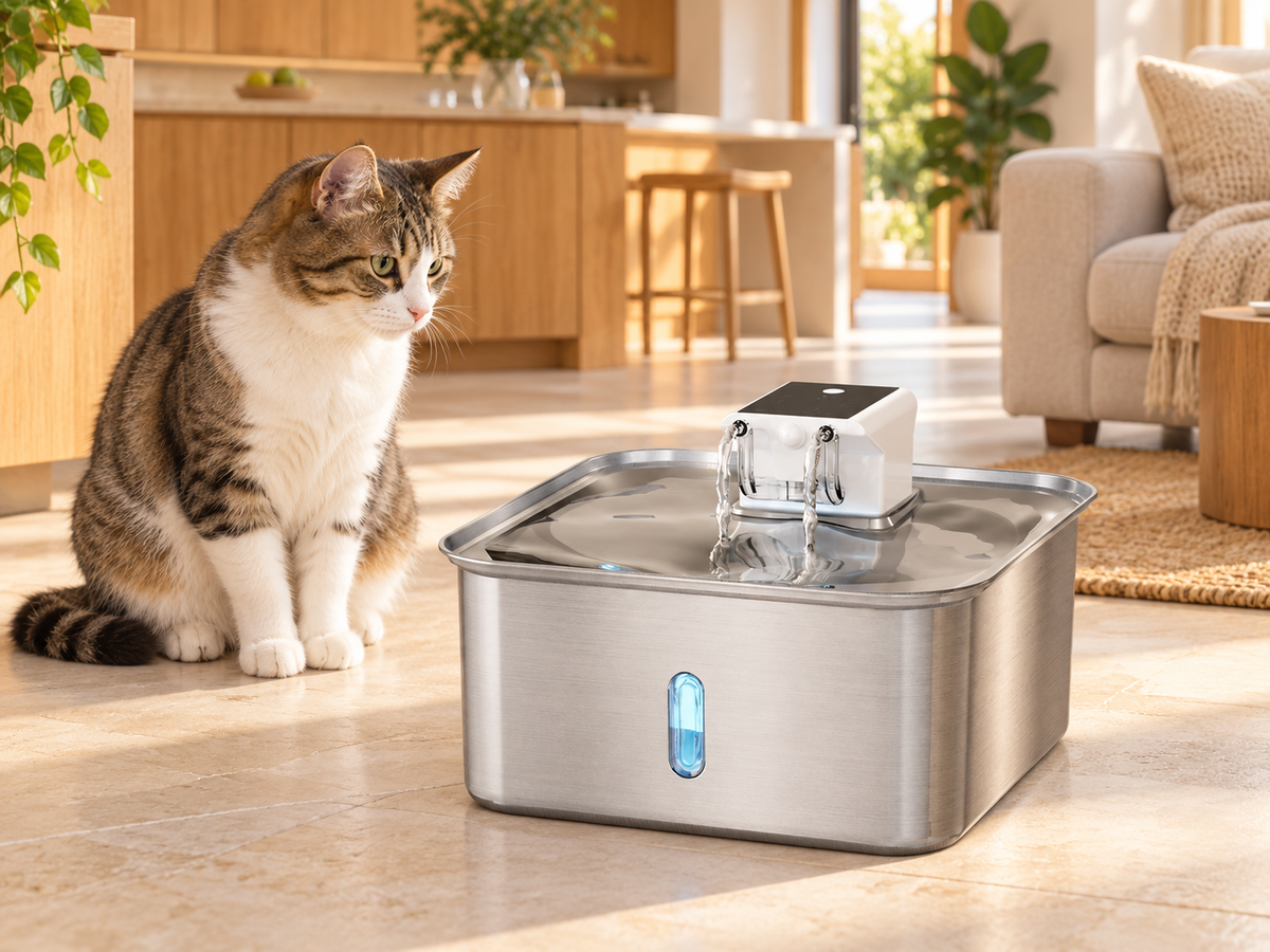 Kitchen-to-living space with a silver fountain, blue level window and cat nearby.