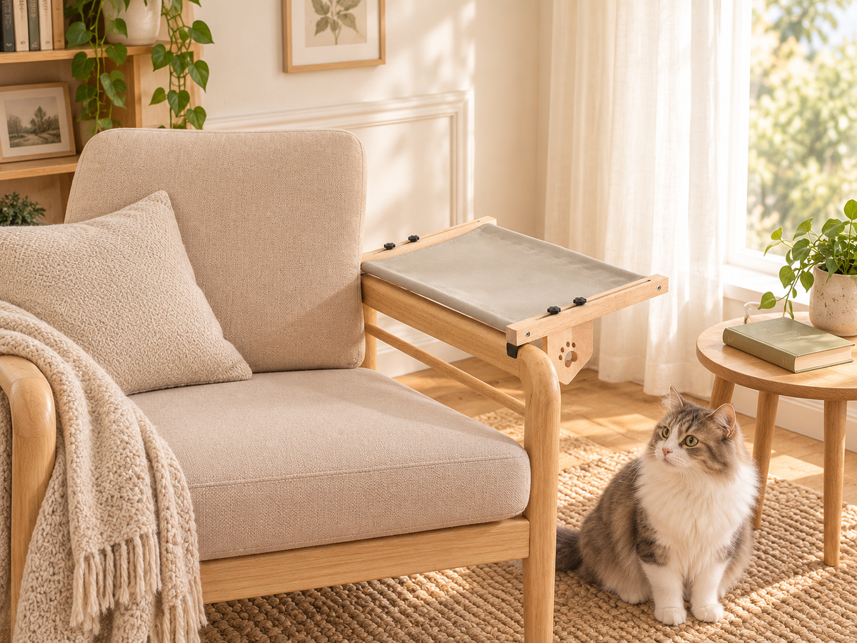 Reading corner with an empty grey hammock on a wooden chair arm and a cat nearby.