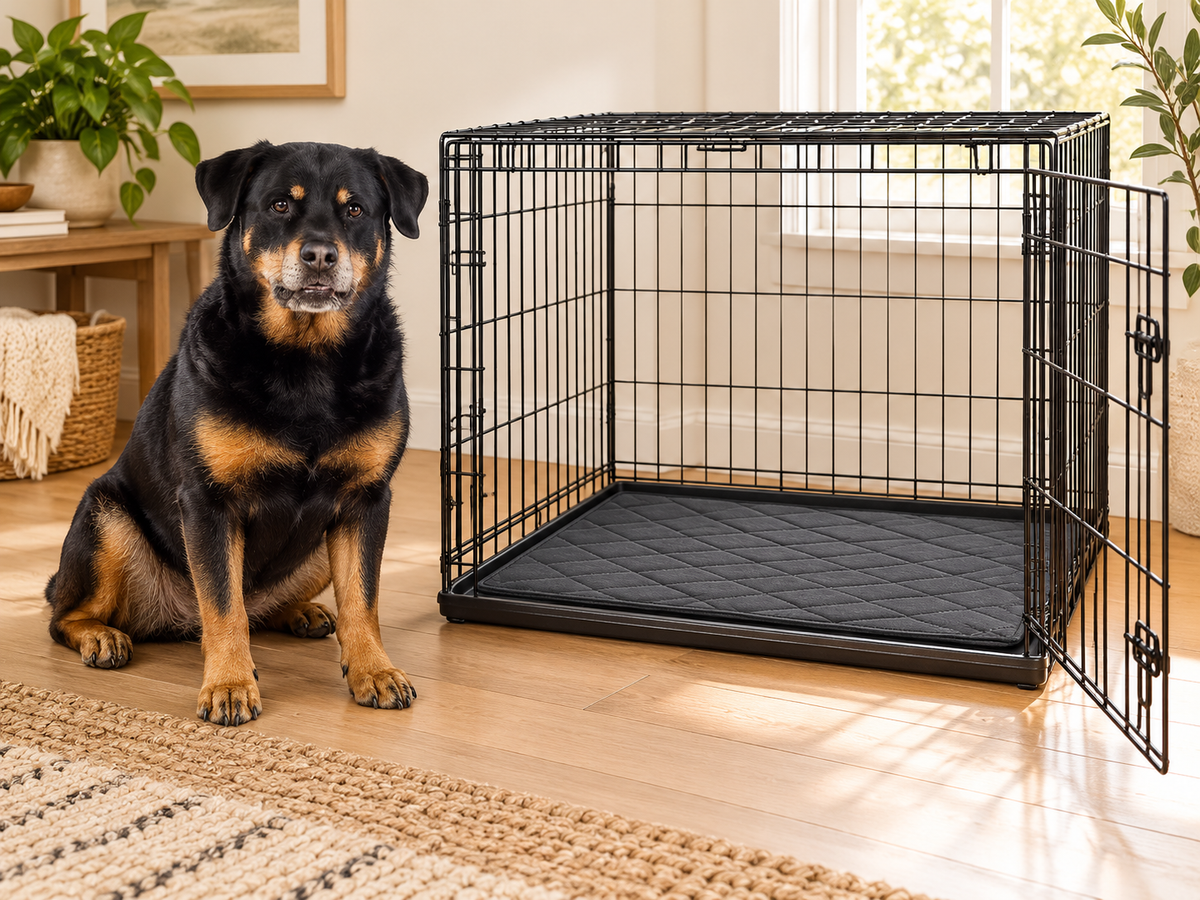 Open crate with a thin black diamond-quilted mat and a dog beside it.