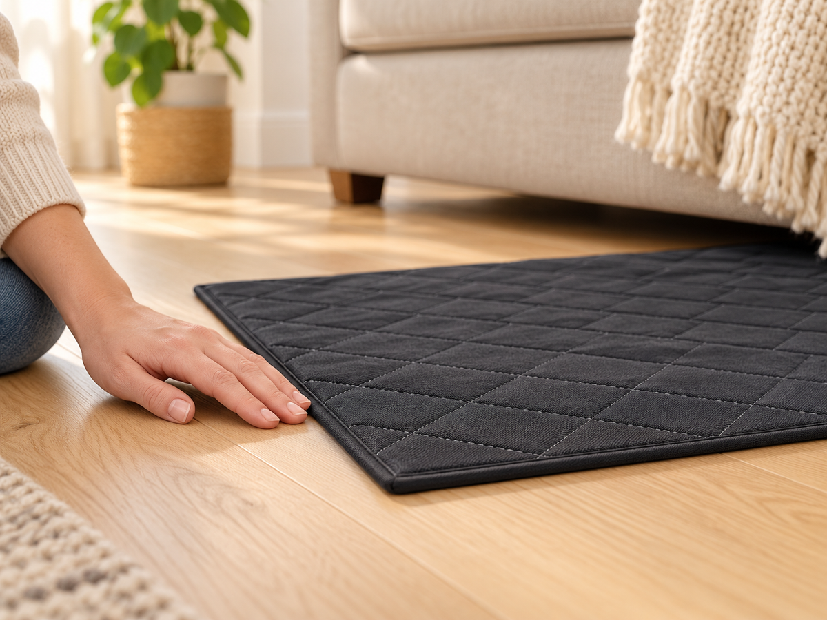 View of the black mat’s diamond quilting and flat bound edge.