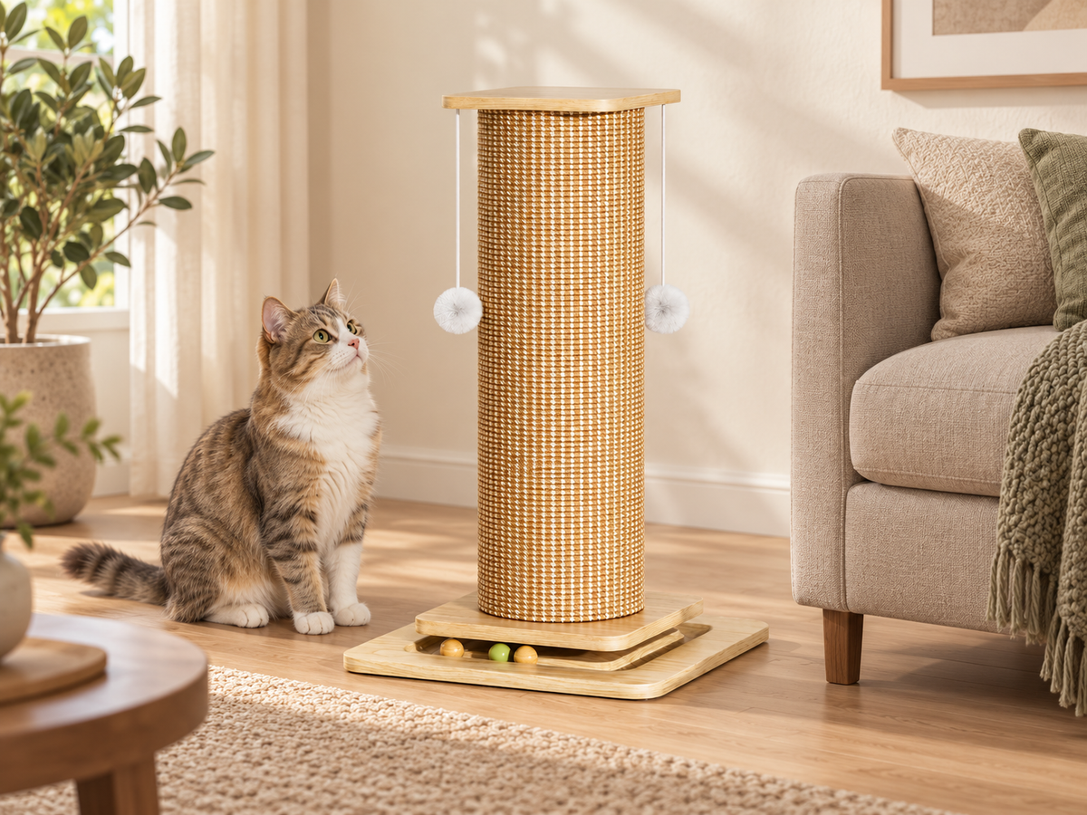 Living room with a tall woven-sisal scratching post and cat beside a sofa.