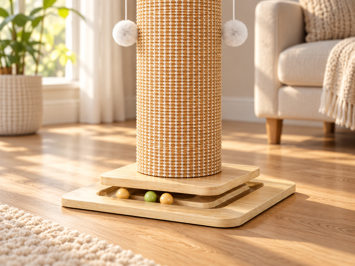 View of the woven-sisal column, stepped wooden base and three track balls.