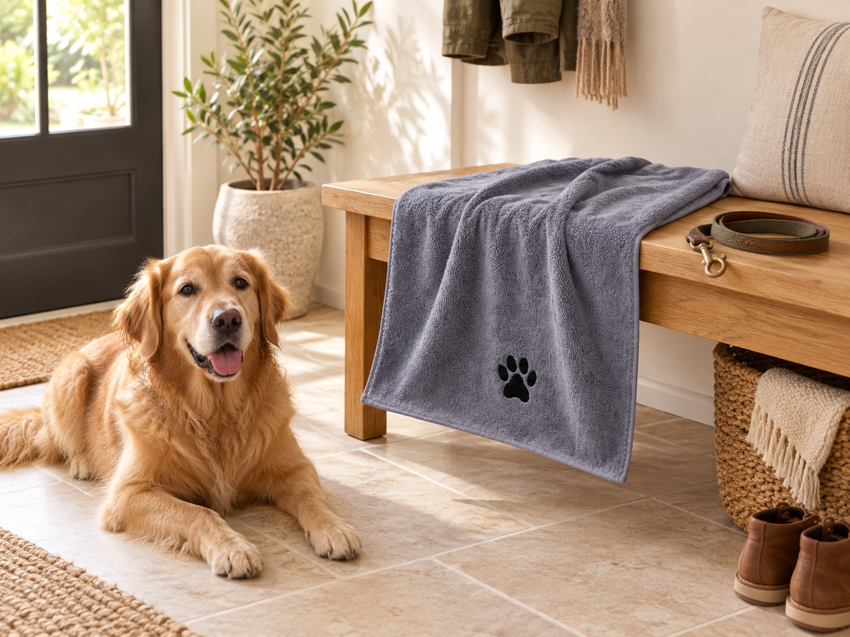 Doorway setting with a grey paw-print towel beside a leash and dog.