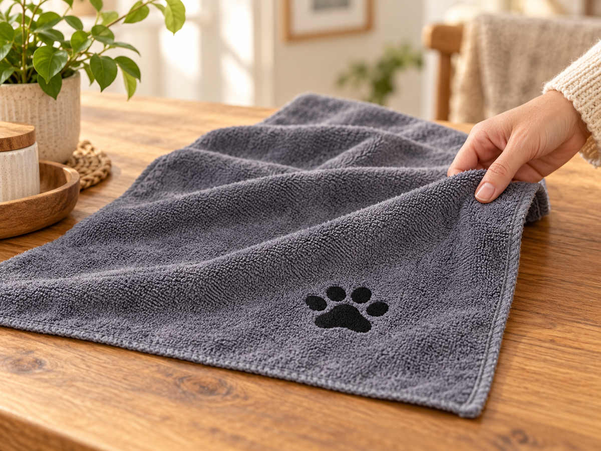 View of the grey towel’s bound edge and black paw motif.