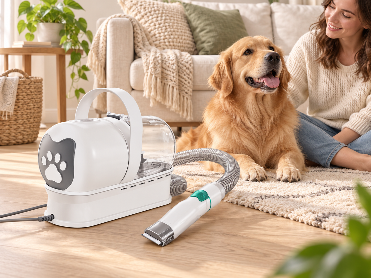 Living-room setup with a white corded grooming vacuum, connected handpiece, dog and adult.