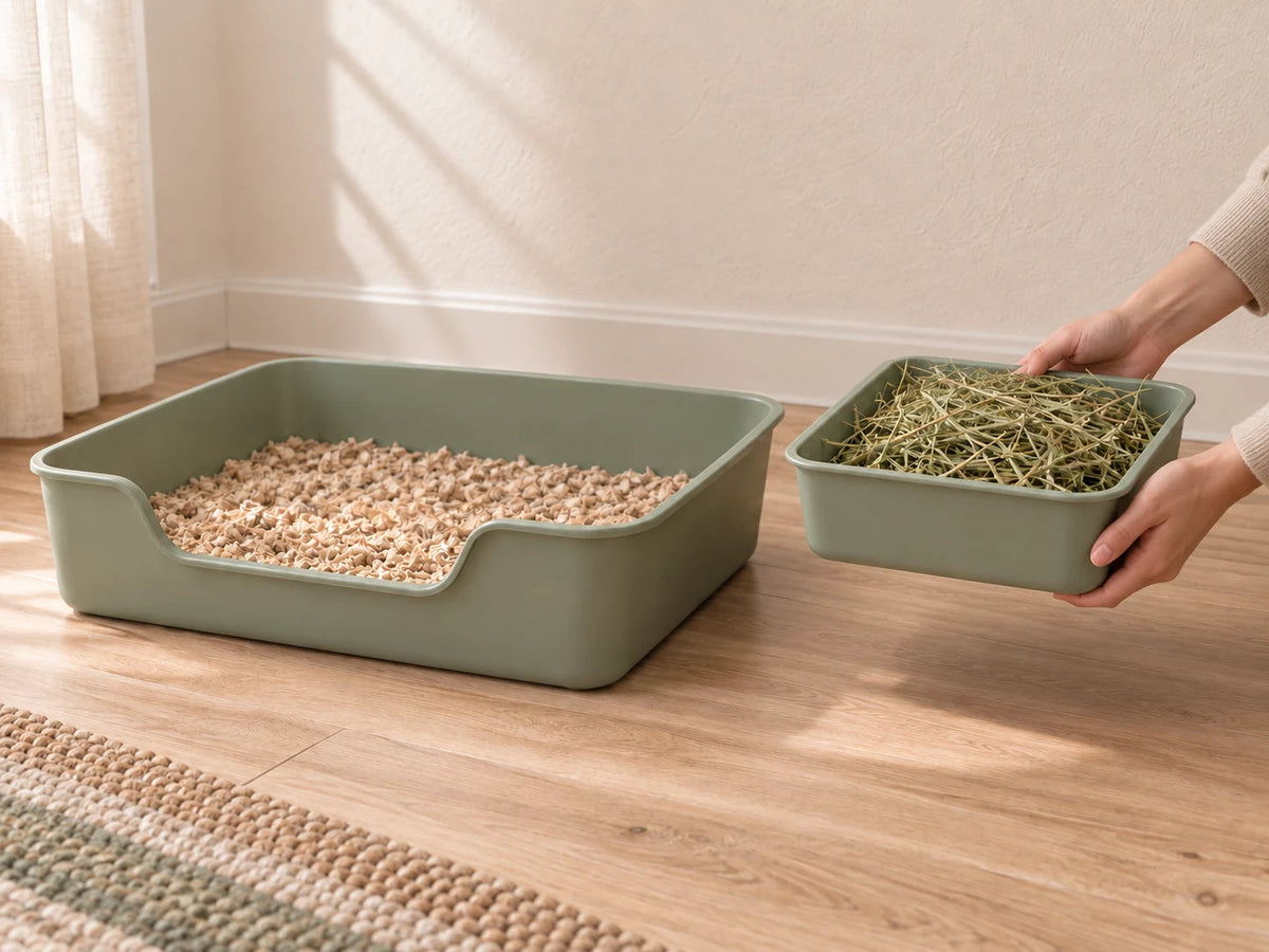 Two hands lifting the separate hay tray while the litter pan stays on the floor.